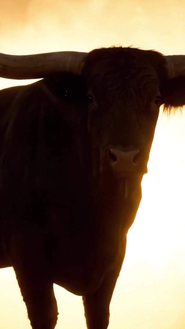 Maestosa silhouette di toro contro un tramonto dorato: catturare la forza e la bellezza delle creature della natura in uno scatto mozzafiato di paesaggio all'orizzonte