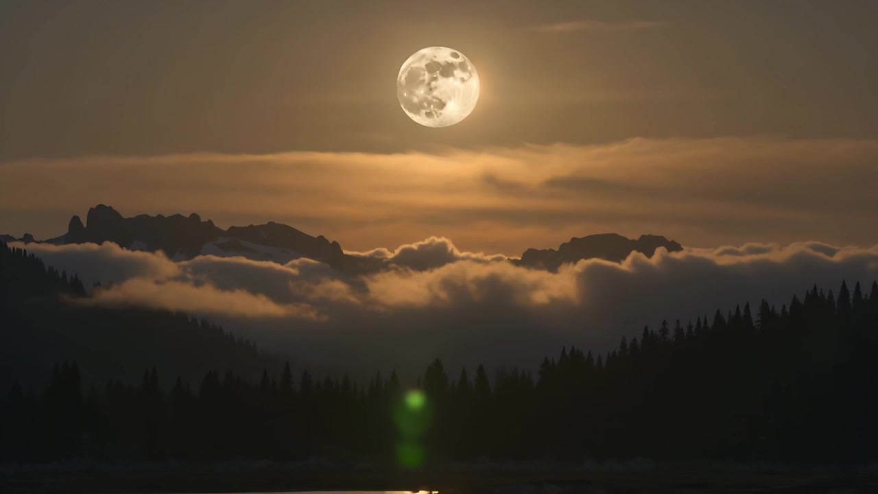 Luar projetado, lua cheia iluminando a noite do vale, com um flare de lente verde aparecendo e criando um brilho no lago
