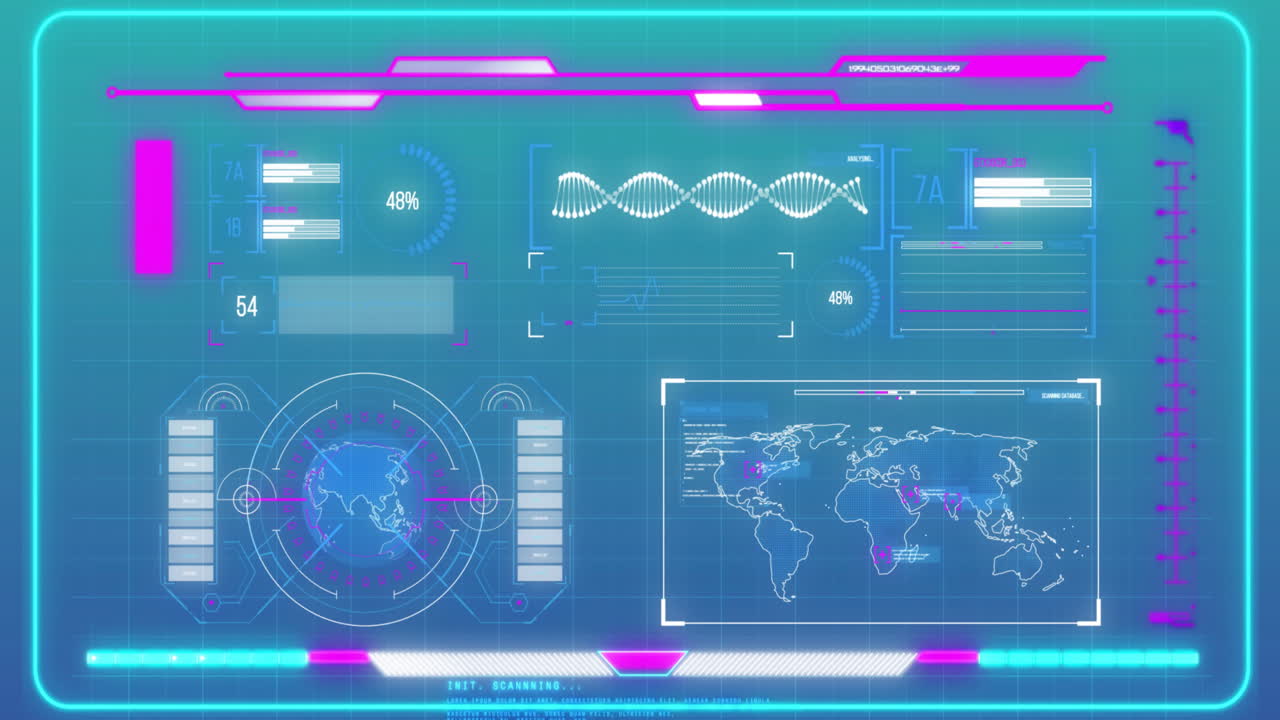 지구, 세계 지도 및 차트의 애니메이션, 파란색 배경의 인터페이스에서 데이터를 처리