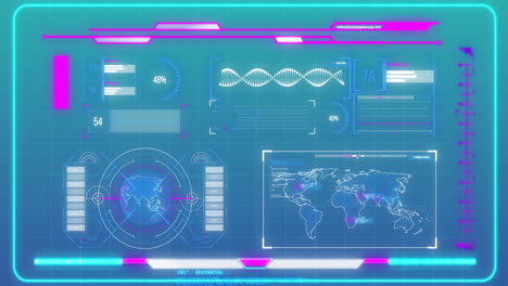 Animación-Del-Globo,-Mapa-Mundial-Y-Gráficos-Que-Procesan-Datos-En-La-Interfaz-Con-Fondo-Azul