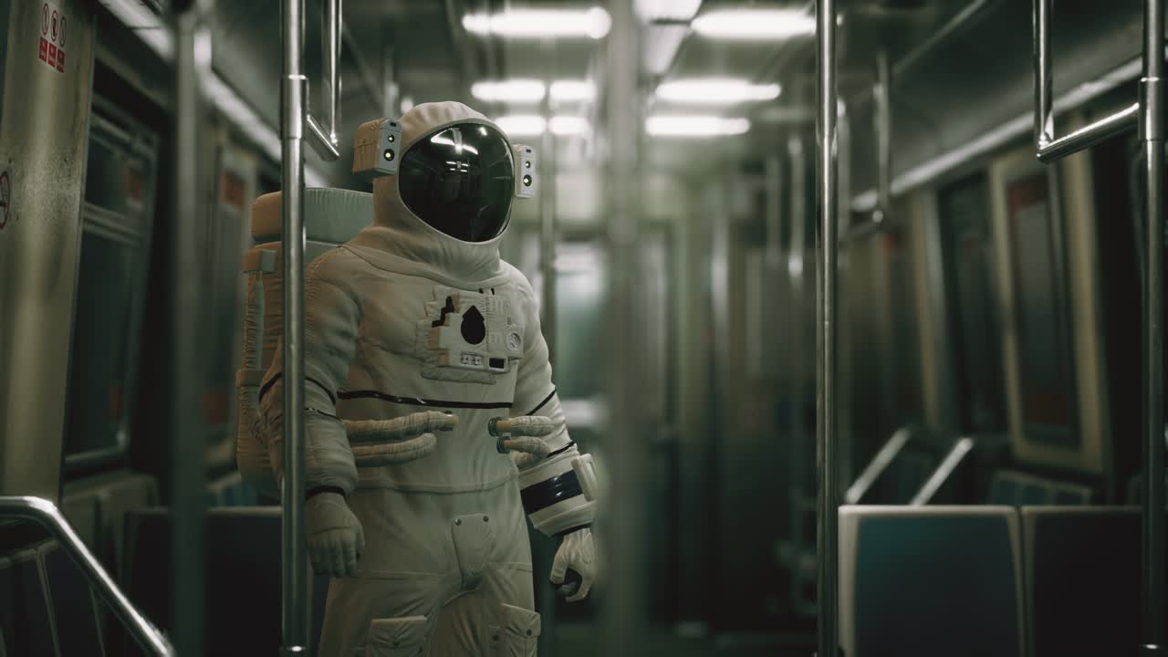 astronauta dentro del viejo vagón de metro no modernizado en ee.uu.