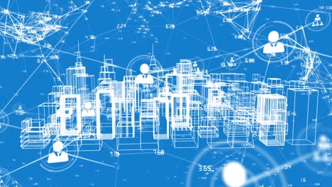 Animation of network of connections over digital cityscape