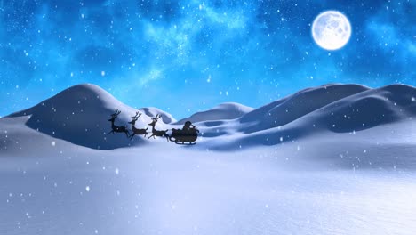 Animation-of-santa-claus-in-sleigh-with-reindeer-over-snow-falling-on-winter-landscape