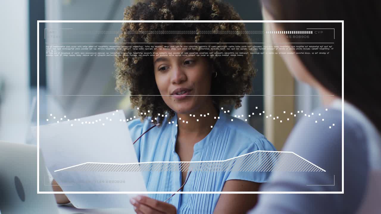 Receiving document, woman reviewing and explaining to colleague at office, HUD showing waveform