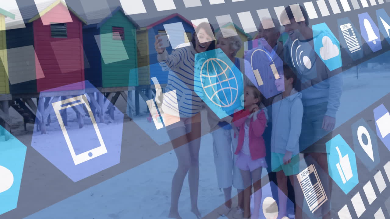 Taking selfie on beach, family with digital animation overlaying scene