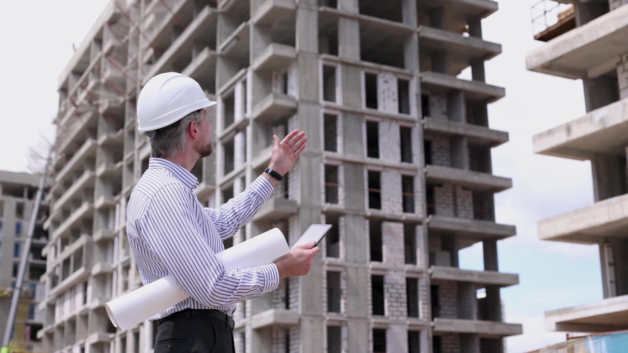 Arquitecto inspeccionando obra de construcción con tablet y planos