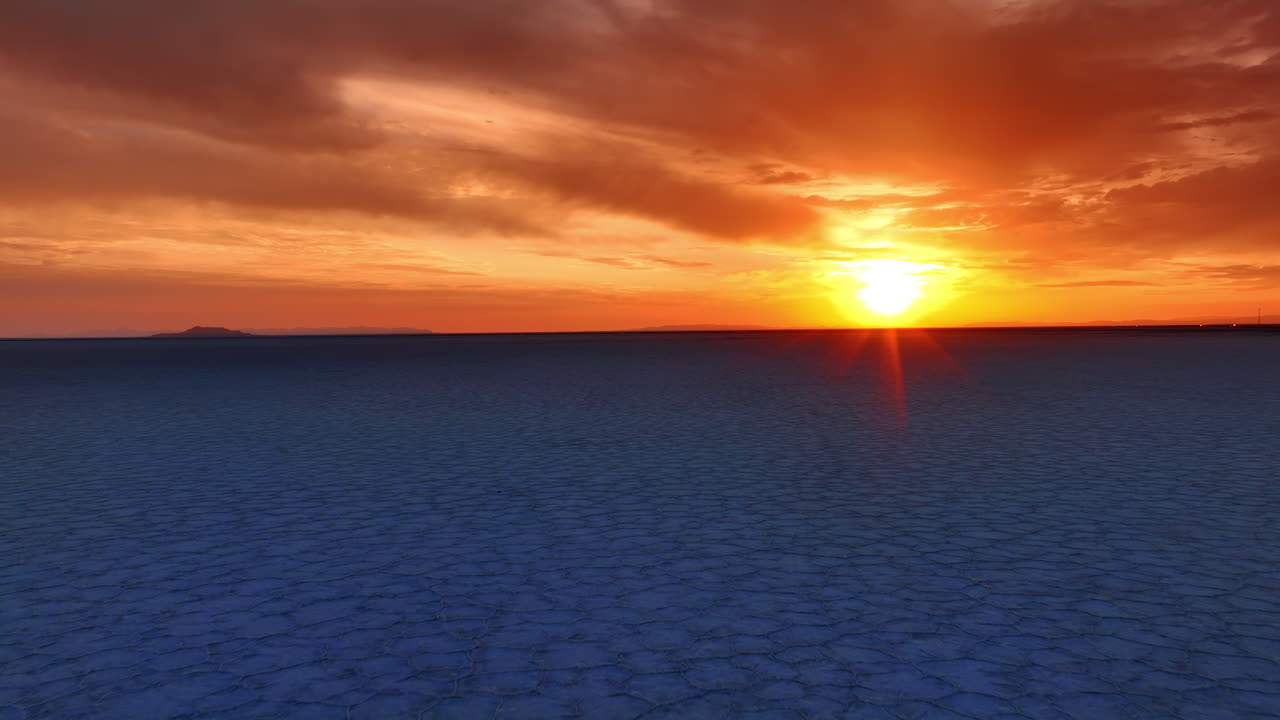Quick flight over the salt pan of blue color. Orange sky with setting sun above. Bonneville Salt Flats, Utah, United States