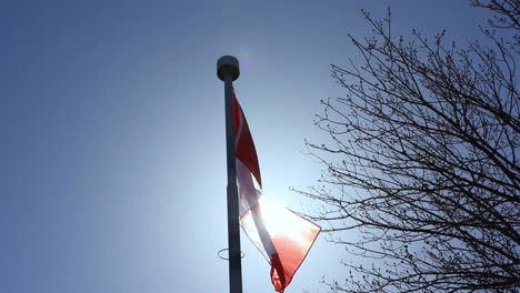 canadian flag blowing in the breeze against the sun