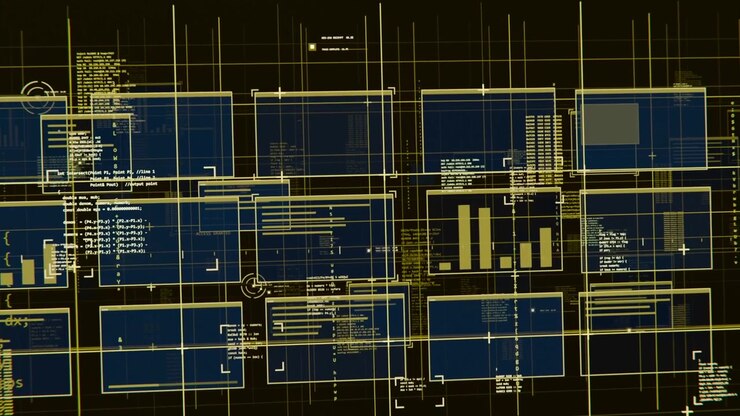 Booting interface loading panels shifting on dark display with yellow lines, showing code and chart