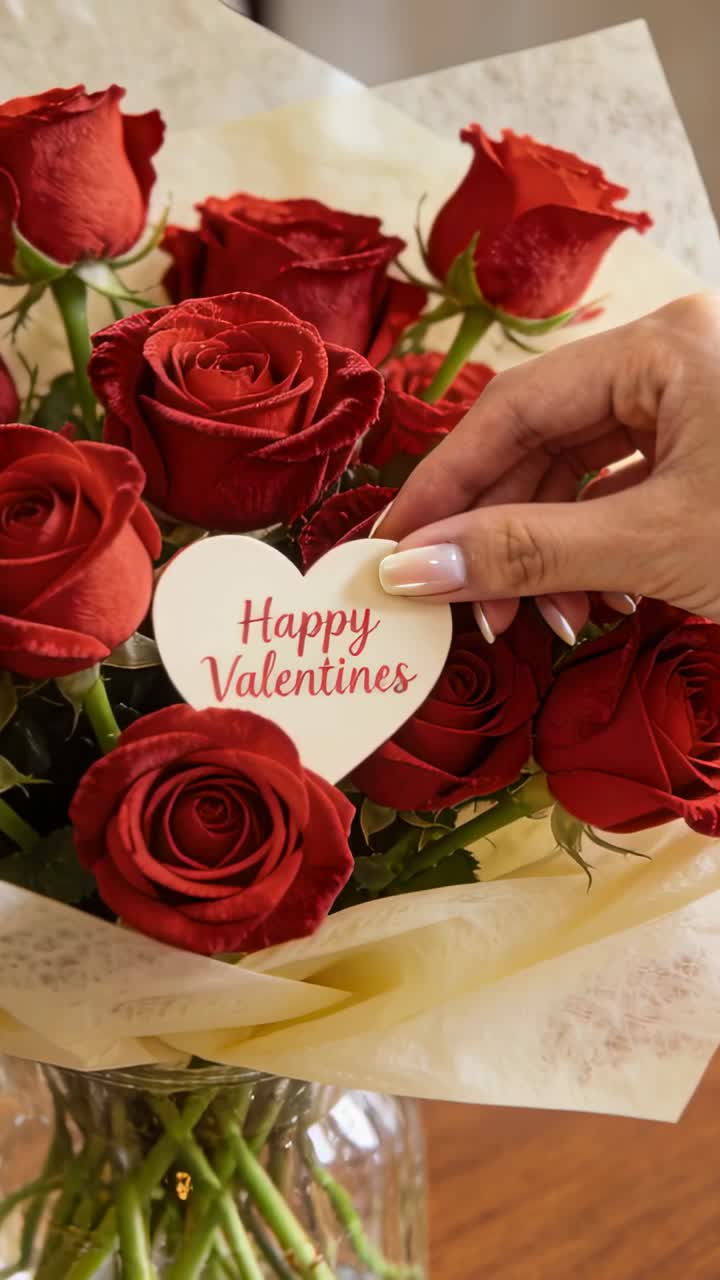 Video verticale: Una mano destra che inserisce una cartolina tra rose rosse su un tavolo con la scritta "Buon San Valentino".