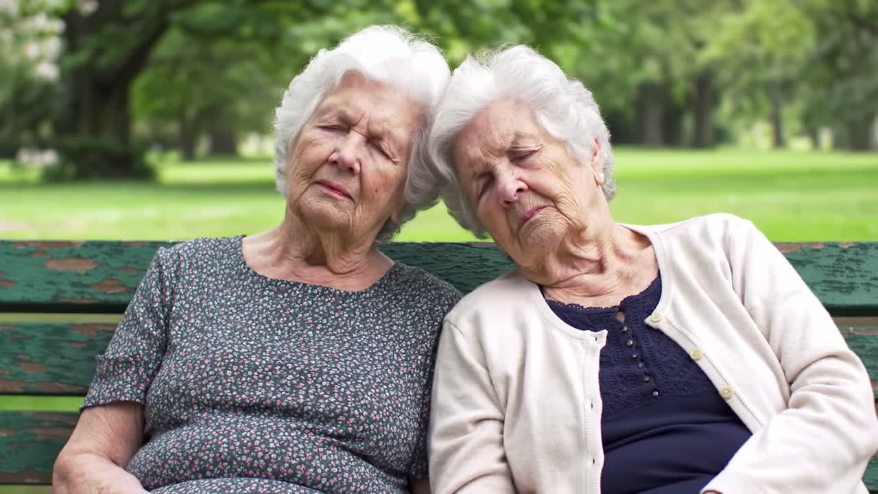 Two elderly women share a peaceful moment on a park bench, illustrating the beauty of companionship and the comfort of friendship in their golden years.