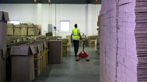 warehouse worker pulling trolley away form camera