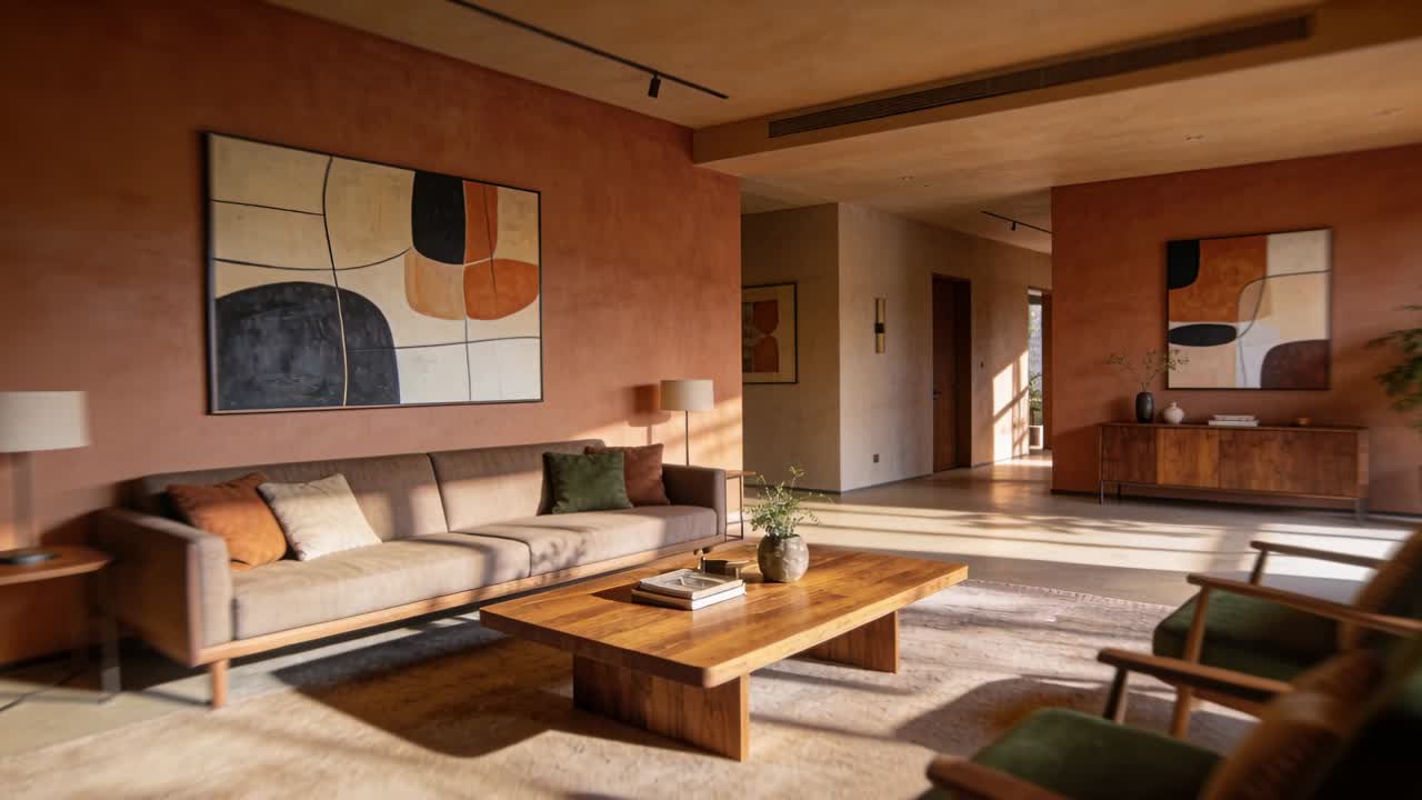 Câmera panorâmica trazendo sofá e mesa de centro para a frente na sala de estar, para enfatizar livros e planta.