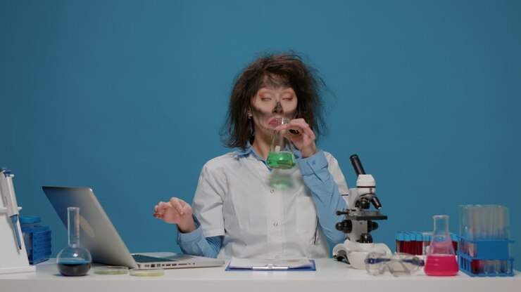 Crazy amusing chemist analyzing lab beaker and acting insane