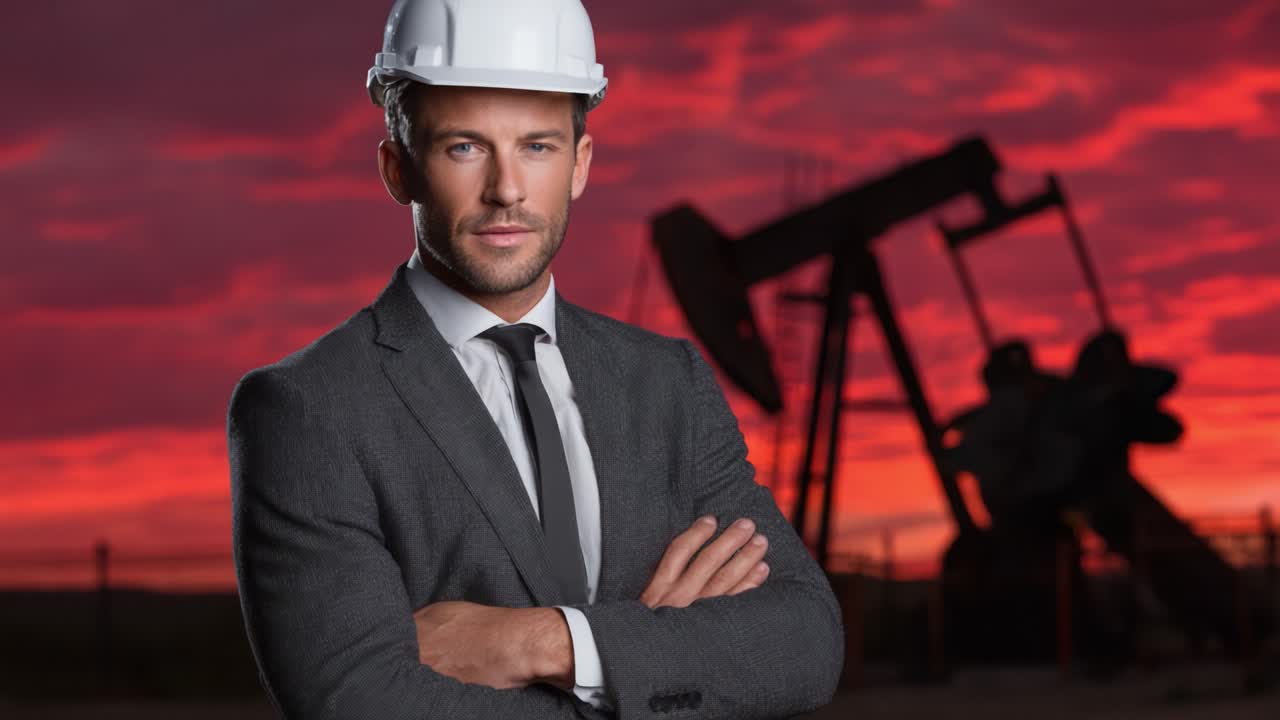 Confident Oil Industry Leader in Formal Attire Against a Stunning Sunset Backdrop with an Oil Rig Silhouette, Showcasing Professionalism and Commitment to Energy Sector