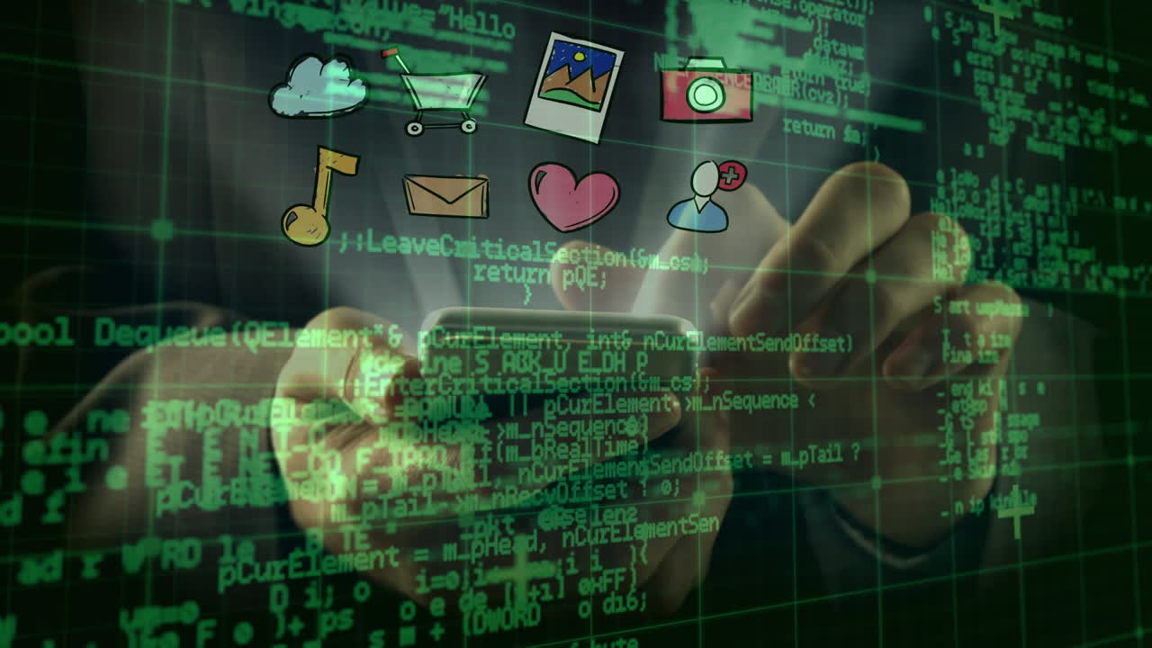 스마트 폰을 사용하는 사업가에 대한 소셜 미디어 아이콘의 애니메이션