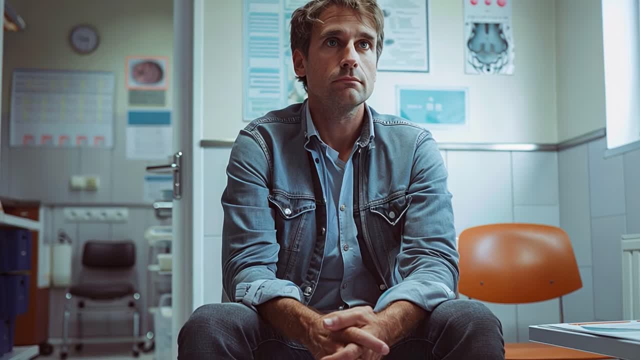 Un uomo con un'espressione seria in una sala d'attesa.