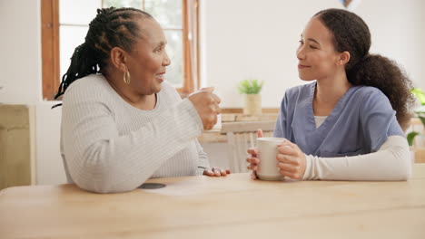 caregiver, retirement and women with coffee