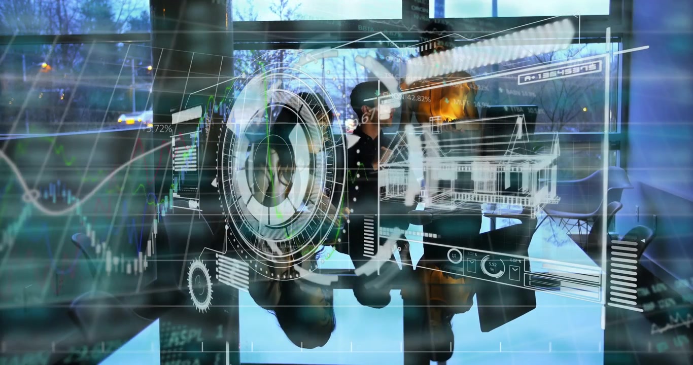 Viewing HUD appearing on laptop, business-casual team leaning in office, analyzing 3D house charts