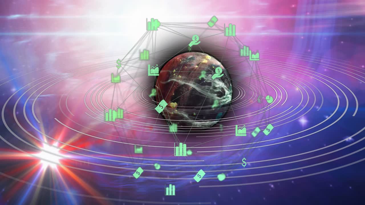 Animation of network of connections with icons over globe