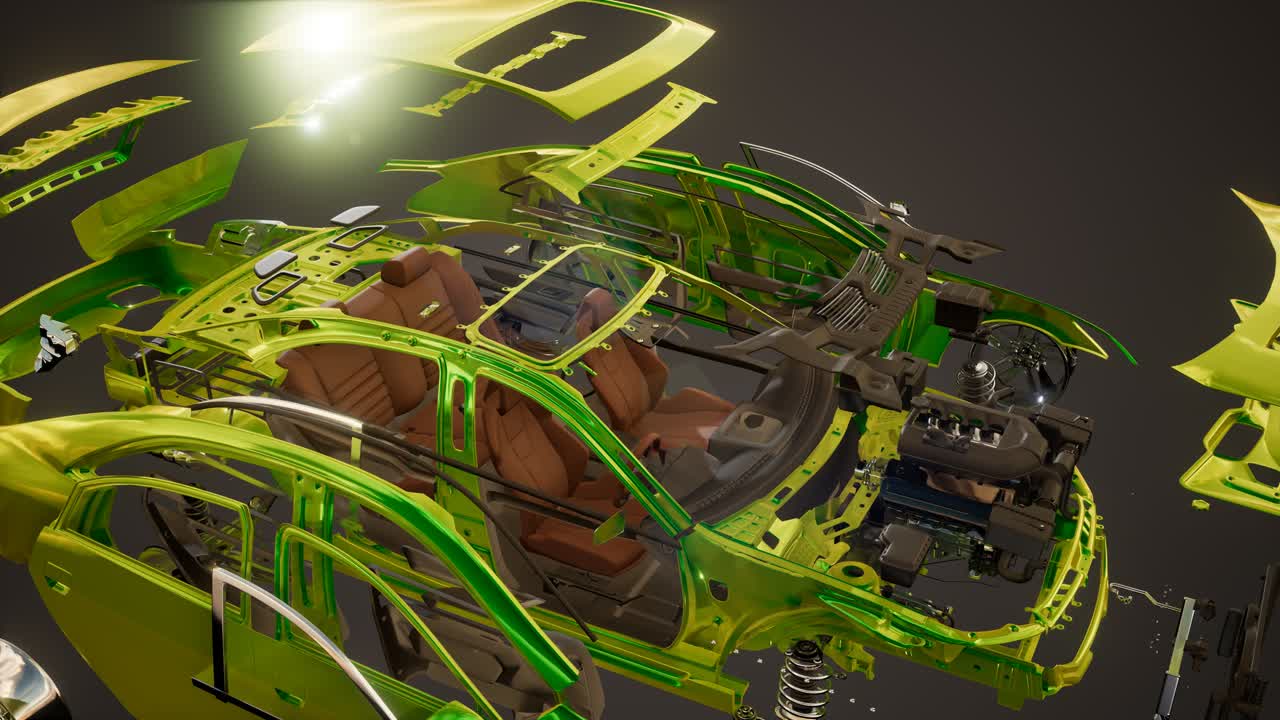 coche desmontado con partes visibles