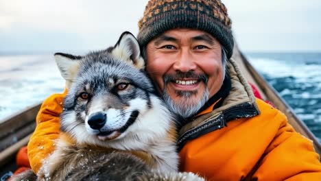 a man in a boat with a wolf on his back