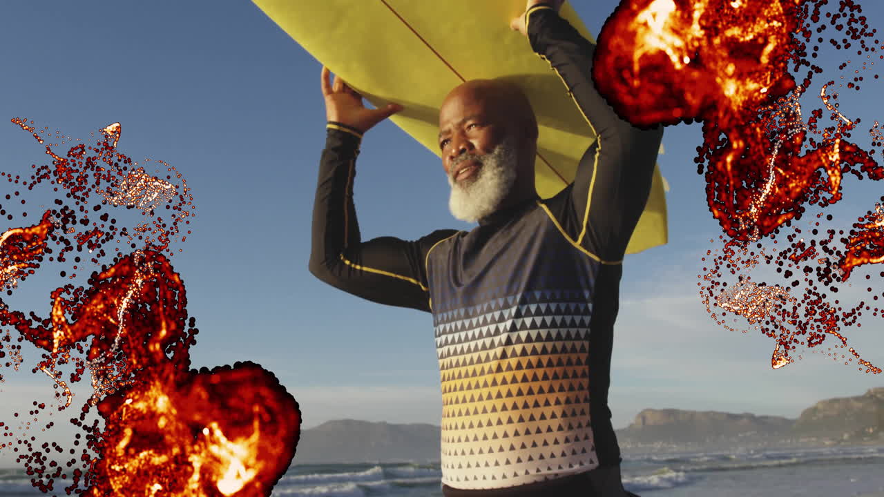 man lifting surfboard on beach, displaying animated heart icon and rising health graph overlay