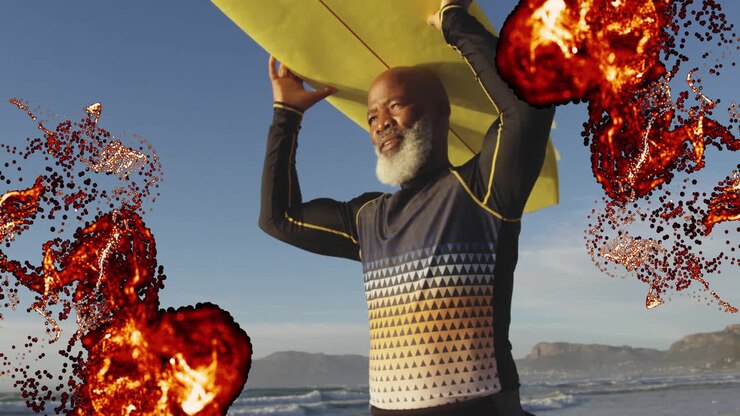 man lifting surfboard on beach, displaying animated heart icon and rising health graph overlay