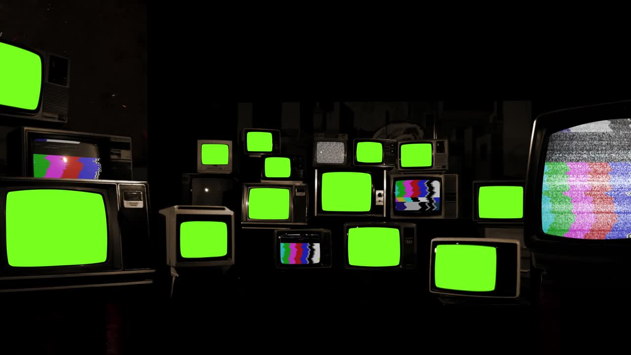70년대, 80년대, 90년대 레트로 tv와 컬러 바, 그린 스크린, 세피아 톤