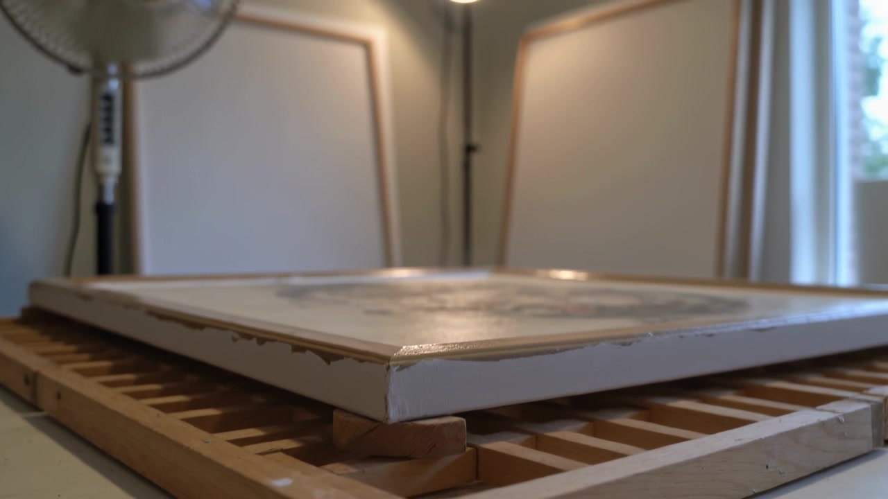 Telecamera in salita, tela che rivela un motivo dipinto su una rastrelliera a doghe con distanziatore in uno studio d'arte per l'esposizione.
