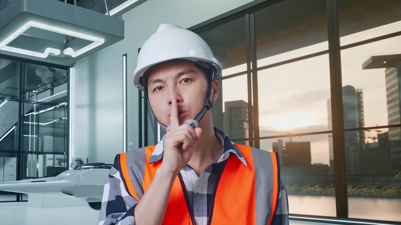 안전 헬을 입은 아시아 남성 엔지니어가 드론 프로젝트와 함께 서 있는 동안 shh 제스처를 하고 있습니다.