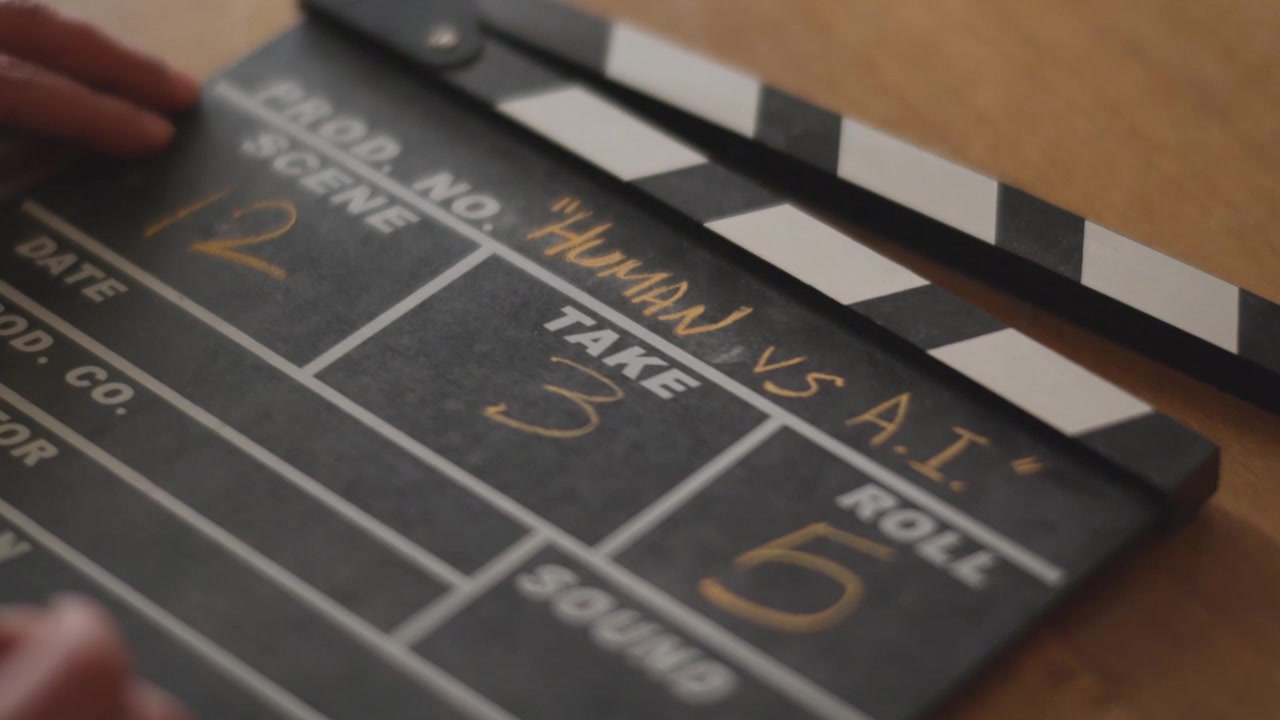 Đôi bàn tay nam giới viết "Con người đối đầu với A.I." trên bảng clapperboard, ánh sáng điện ảnh. Chất lượng điện ảnh 6k