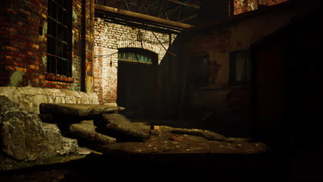 abandoned industrial factory buildings at sunset