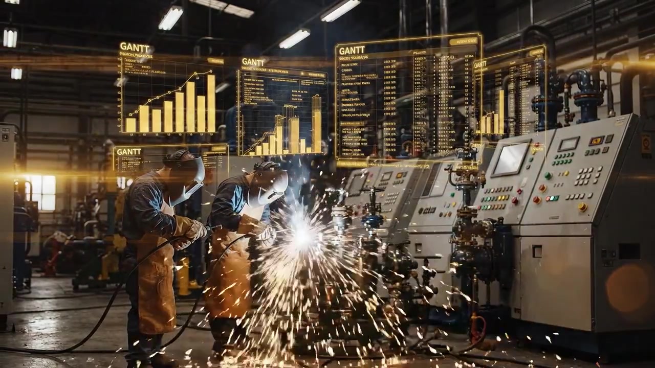 Soldadores industriais trabalhando em fábrica com dados de Realidade Aumentada