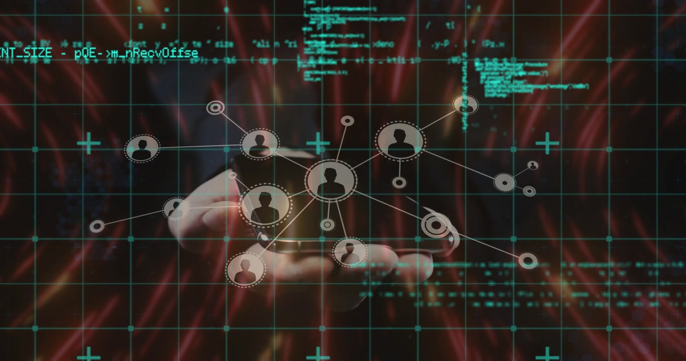 Mid adult male hand sliding into frame presenting technology network forming over code grid links