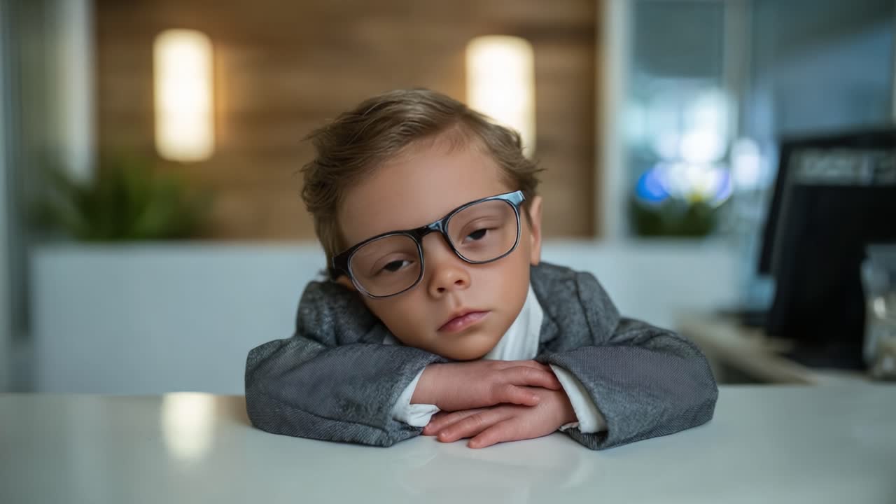 Un giovane ragazzo con gli occhiali passa da uno stato assonnato a uno vigile in due fotogrammi accattivanti, mostrando una trasformazione unica in un contesto professionale