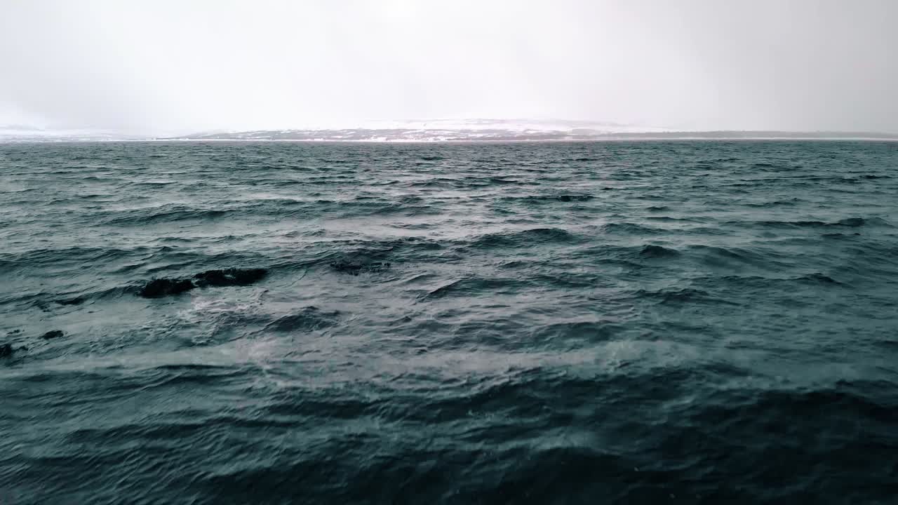 고요하고 어두운 북극 바다 위의 낮은 공중 전망, 눈보라, 안개 낀 겨울날, 노르웨이 북부 노르드랜드 - 기울기, 드론 샷
