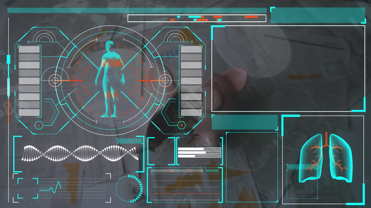 의료 데이터 처리에 대한 디지털 인터페이스의 애니메이션 돼지 은행이 떨어지고 깨지는 것