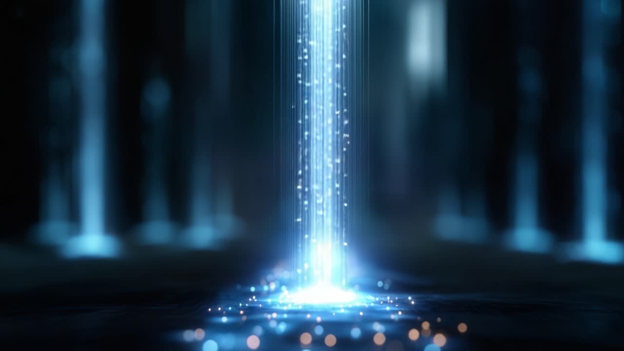 A captivating display of sparkling light particles cascading downwards in a mystical, ethereal environment, creating an enchanting visual experience of wonder and beauty