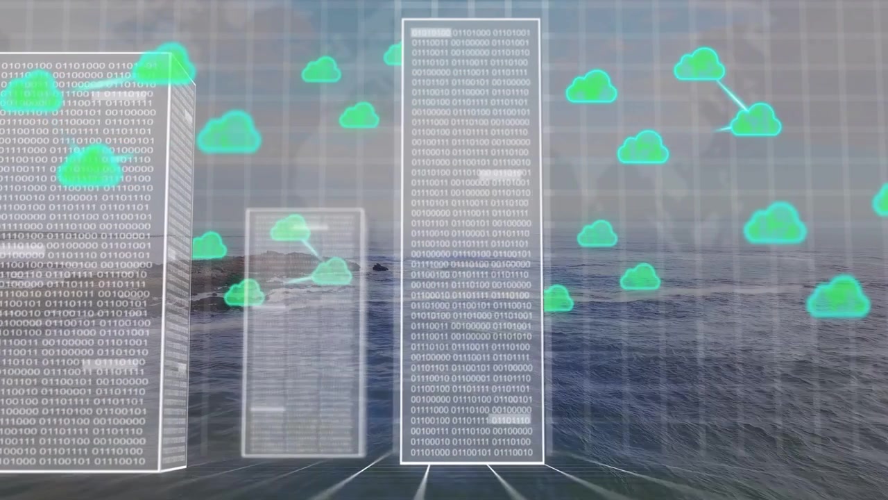 Grid appearing, clear data towers rising and cloud icons multiplying to visualize cloud network