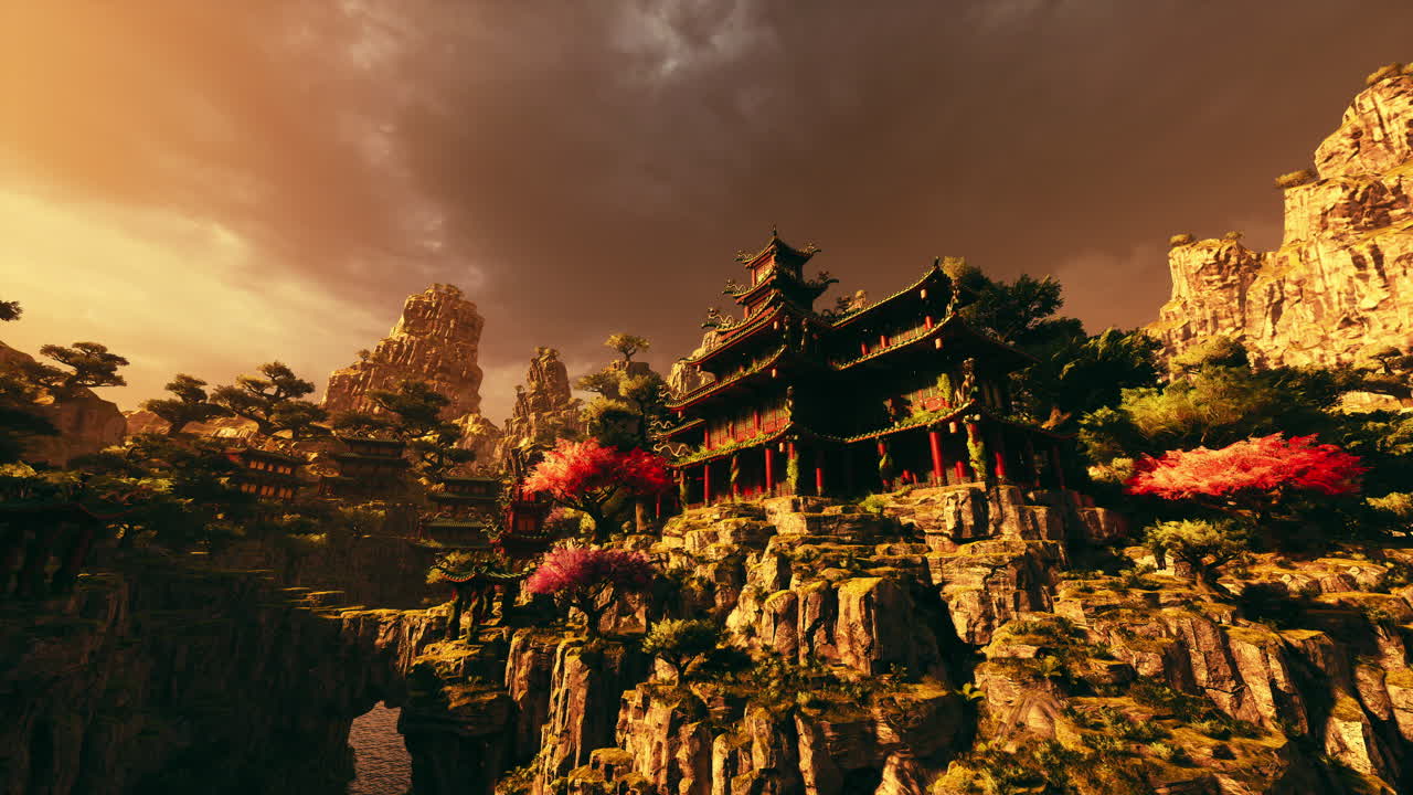 Serene asian temple perched on rocky mountains under a dramatic sky at dusk
