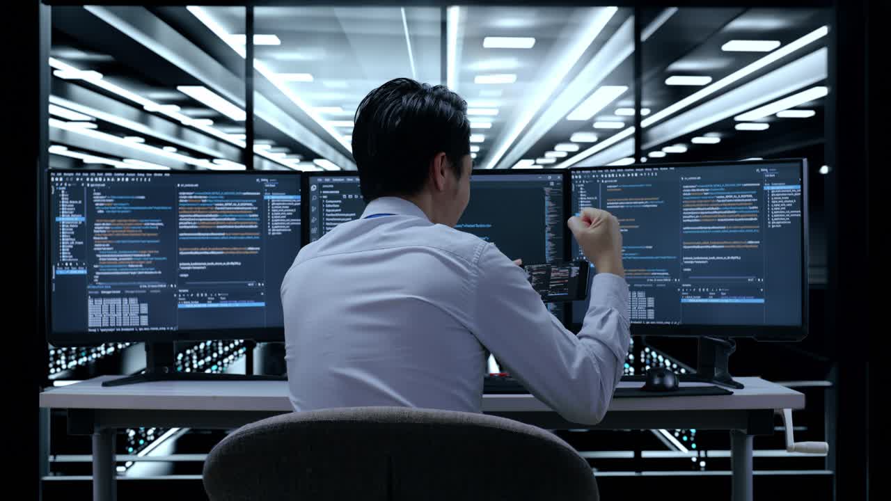 programador celebrando el éxito en el centro de datos