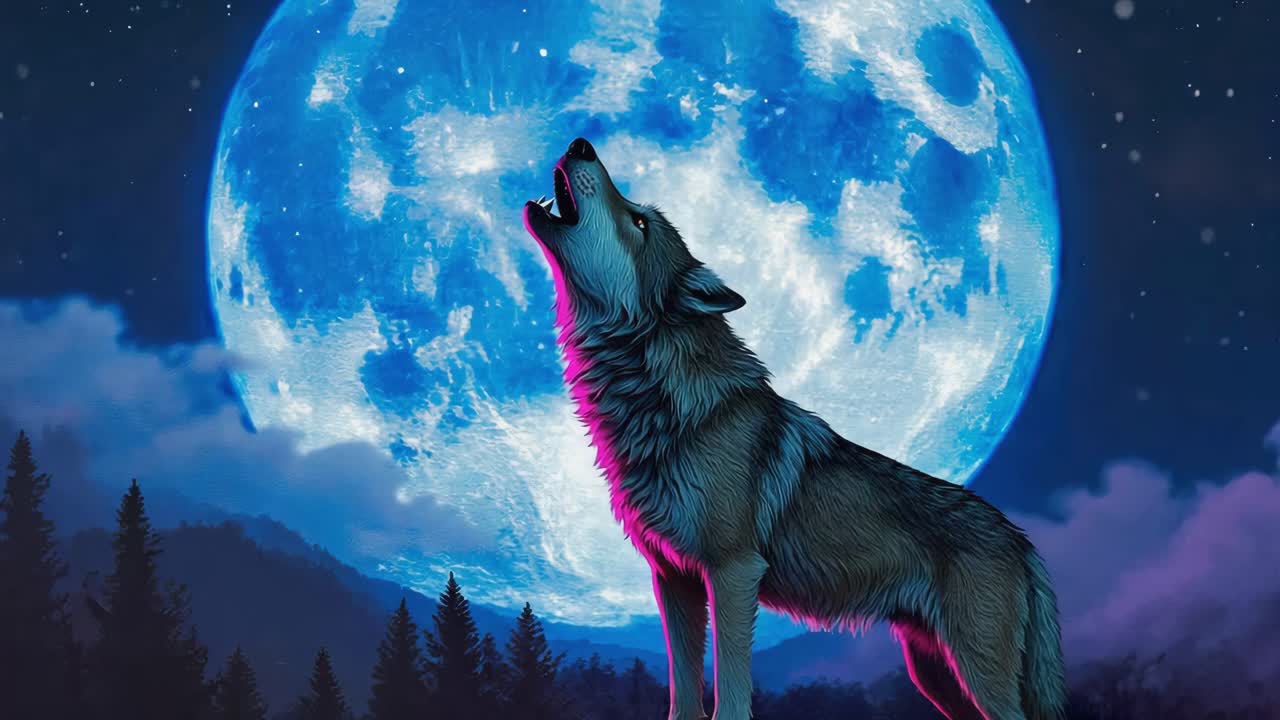 Pink wolf howling at the moon