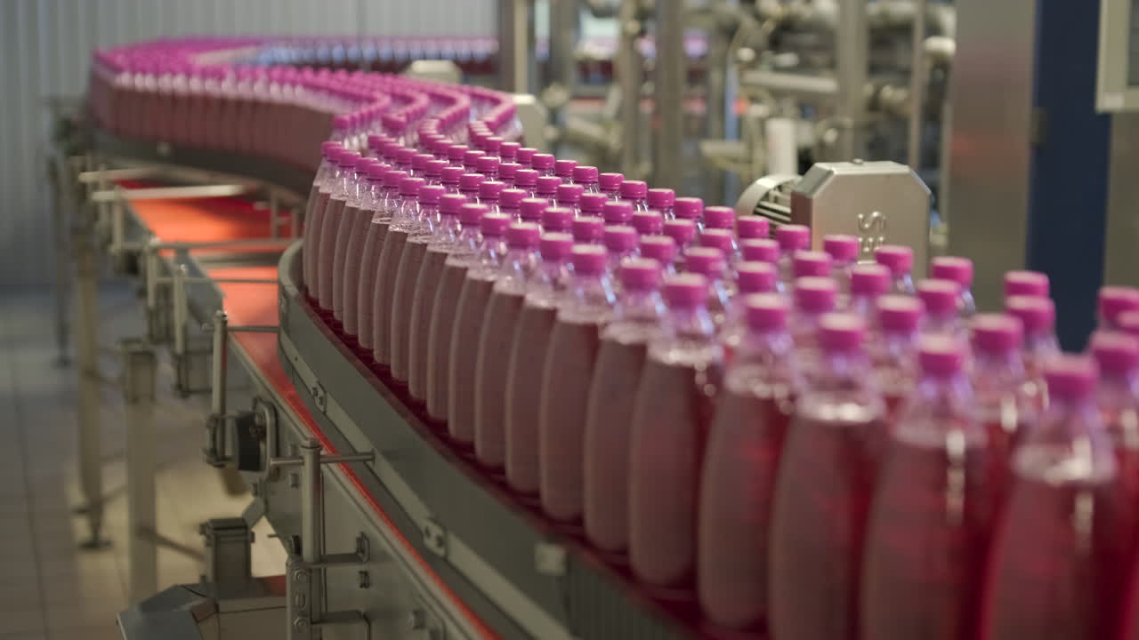 Pink Drink Bottles Moving on a Conveyor Belt in a Factory