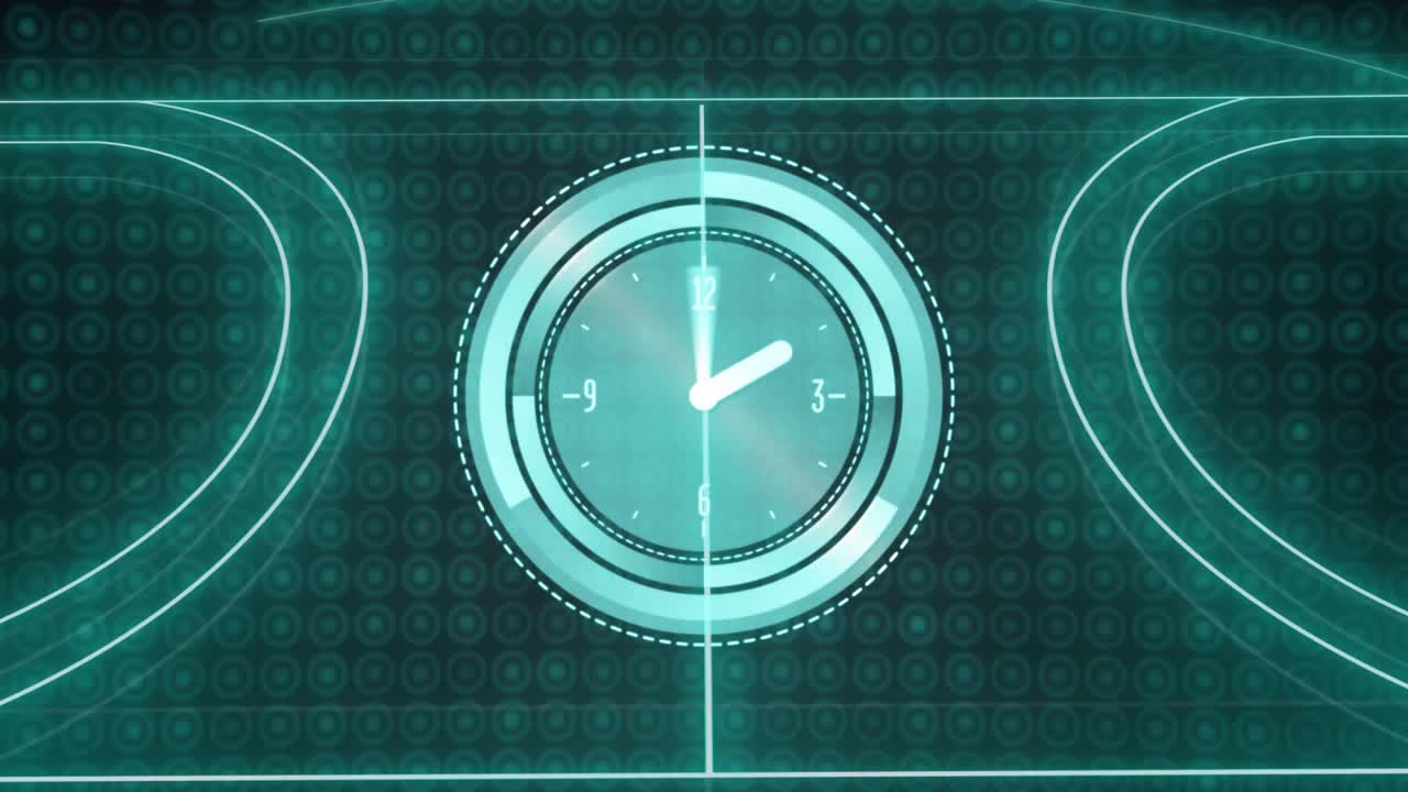 Futuristic clock animation with geometric patterns on digital background