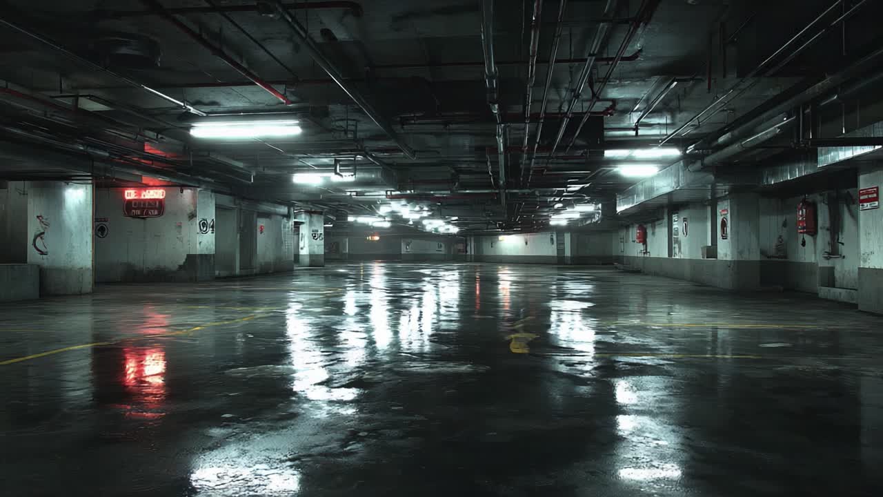 A Dimly Lit Urban Parking Garage with Wet Floors and Fluorescent Lights: Exploring the Mood and Atmosphere of an Empty Subterranean Space