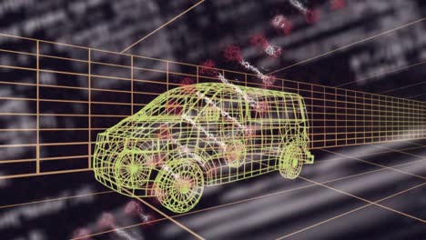 animation of dna strand spinning over 3d drawing model of van and grid