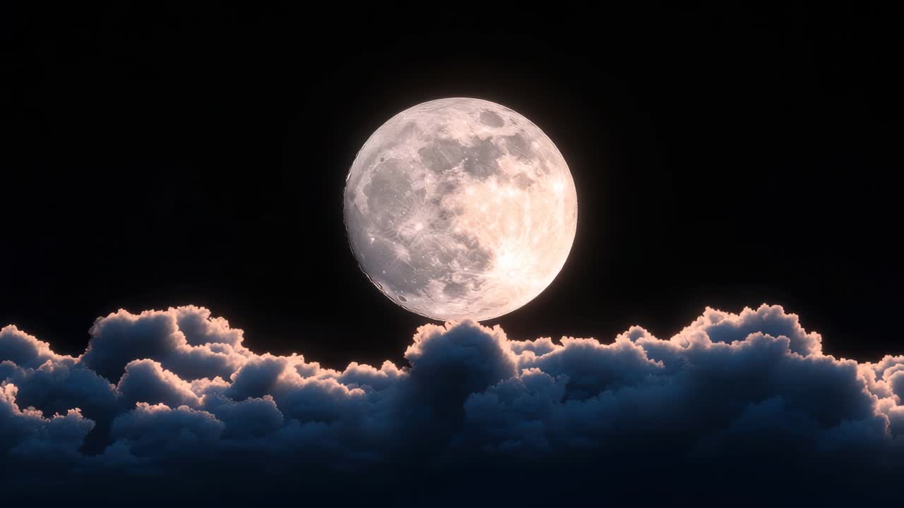 A serene video scene of a full moon glowing above illuminated clouds