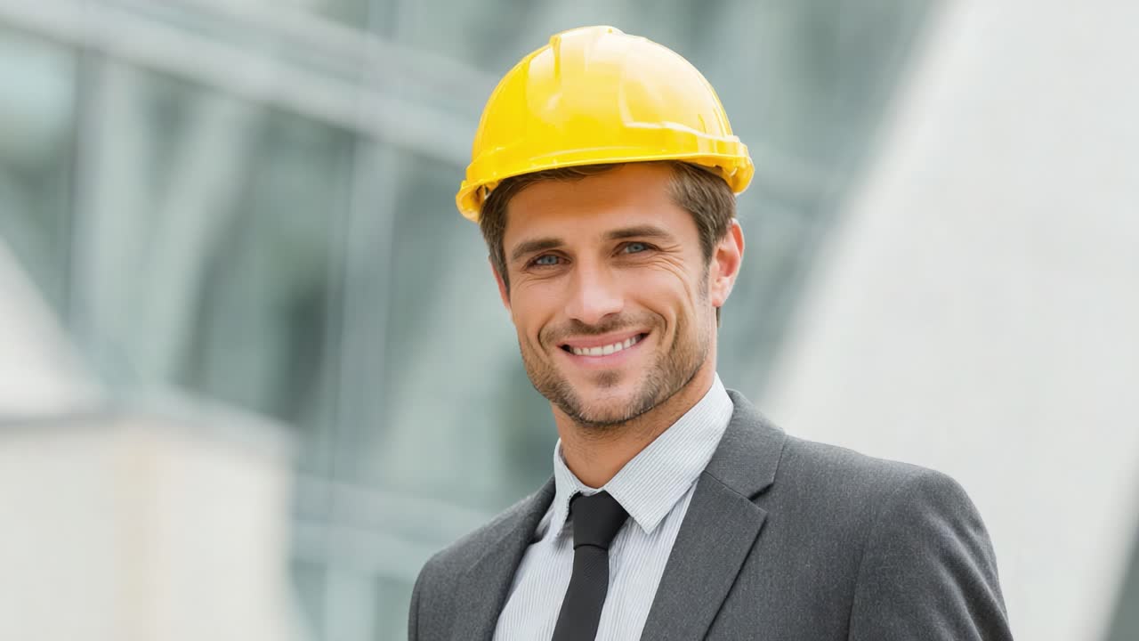 Confident Construction Professional in Safety Gear Smiling on the Job Site, Showcasing Leadership and Expertise in Modern Architectural Environment