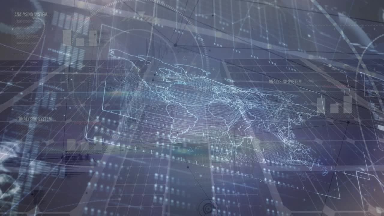 Scan beams sweeping, world-map overlay appearing and aligning HUD panels, revealing rack status